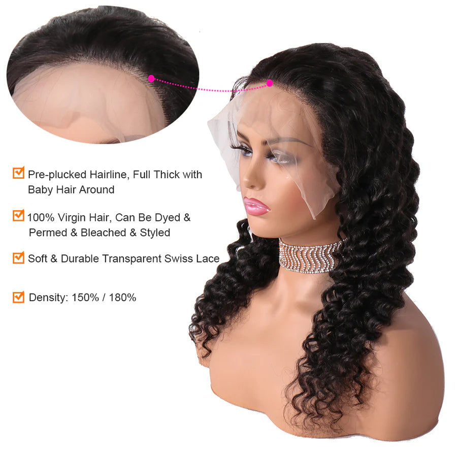 QualiCurls 150 Density 13x4 Lace Frontal Wig Deep Wave Brazilian Remy Human Hair Wigs