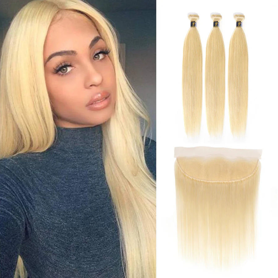 Brazilian 613 Blonde 3 Bundles Deal with 13x4 Frontal Straight 100% Human Hair Tangle-Free