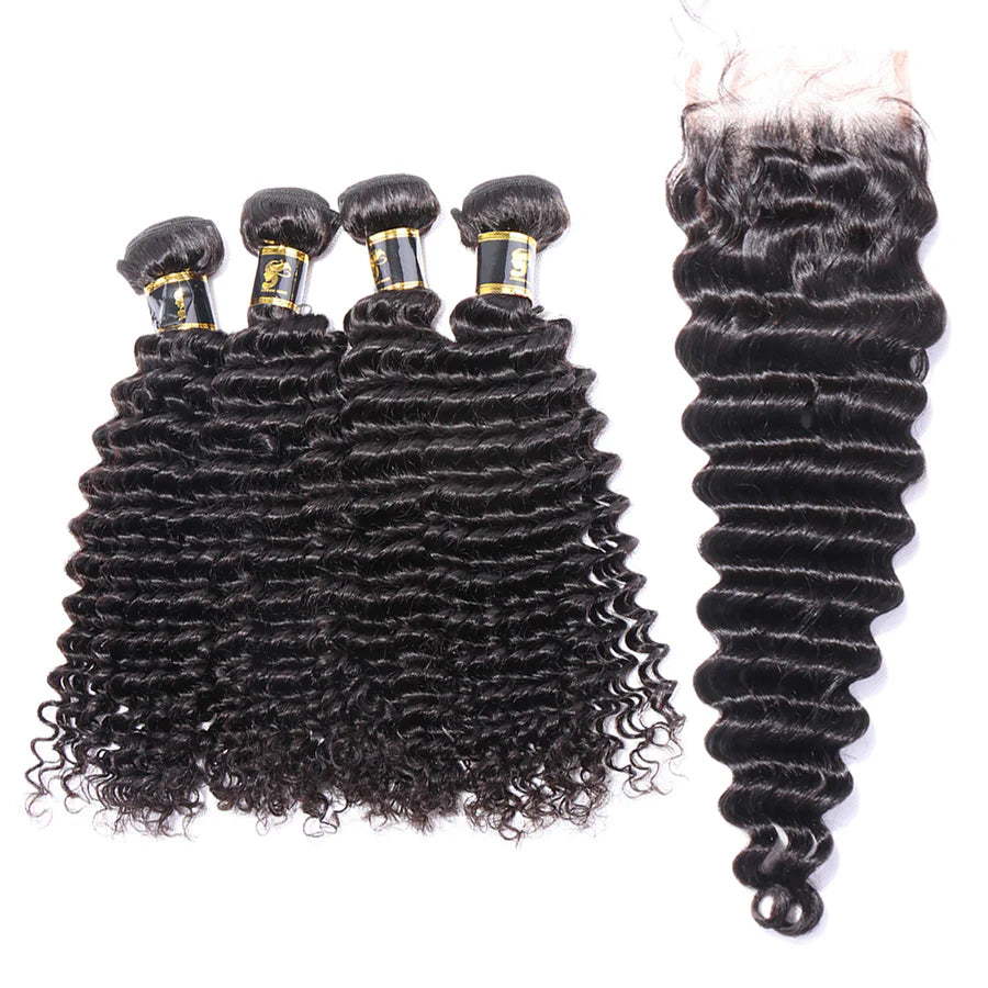 Deep Wave Human Hair Bundles With Closure Brazilian Hair Weave With Closure