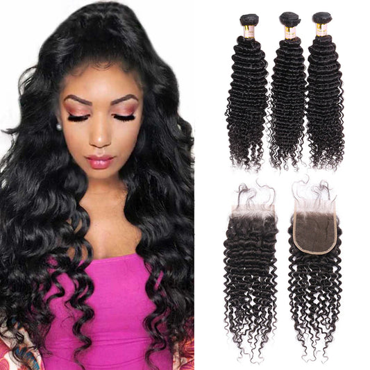 Deep Wave 3 Bundles with 4x4 Closure 100% Peruvian Human Hair Bundles with Closure Unprocessed Deep Curly Virgin Hair Natural Color