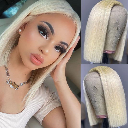 #613 Blonde Silky Straight Bob Wig T-Part Lace Human Hair Wig