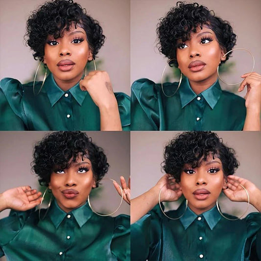 DC-1128 Short Curly Bob With Bangs Natural Black Color Human Hair Short Curly Wig