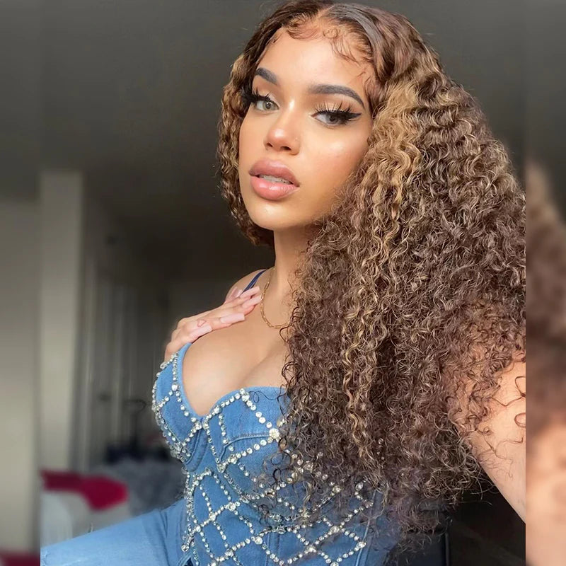 Highlight Color Water Curly Human Hair Lace Front Wig Piano Color Ombre Honey Blonde Human Hair 13x4 Lace Wig