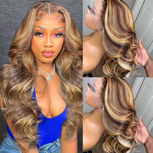 Honey Blonde Highlight P4/27 Color Body Wave 13x4 Front Lace Human Hair Wigs 150% Density