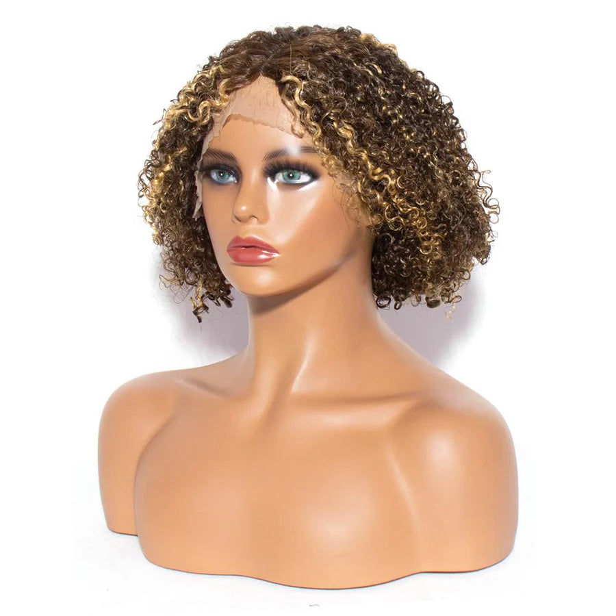 Kinky Curly T-Part Lace Bob Wig P4/27 Highlight Color Human Hair Wig