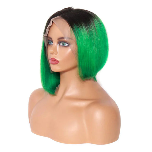 T1b/Green Color Straight Pixie Cut Bob Wig 13x4 Lace Frontal Human Hair Wig