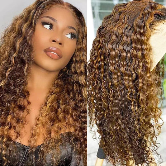 Deep Wave Lace Front Wigs Honey Blonde Highlight P4/27 Human Hair 13x4 Lace 180% Density Ombre Deep Curly Wigs