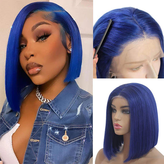 Brazilian Straight Short Bob Wigs Dark Blue T-Part Lace Front Human Hair Middle Part Pre Plucked Hairline with Baby Hair