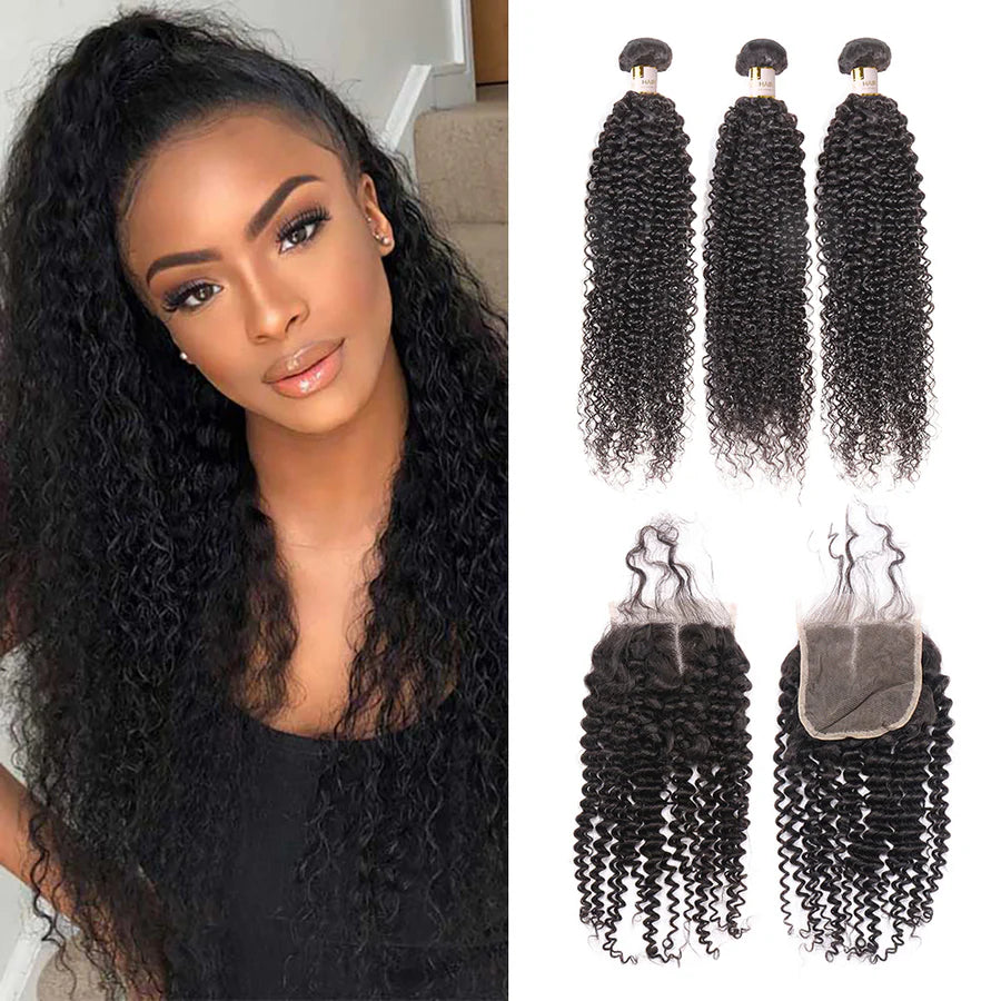 100% Unprocessed Peruvian Hair Kinky Curly 3 Bundles with 4x4 Closure Curly Weft Extensions Weaves Natural Black Regular price