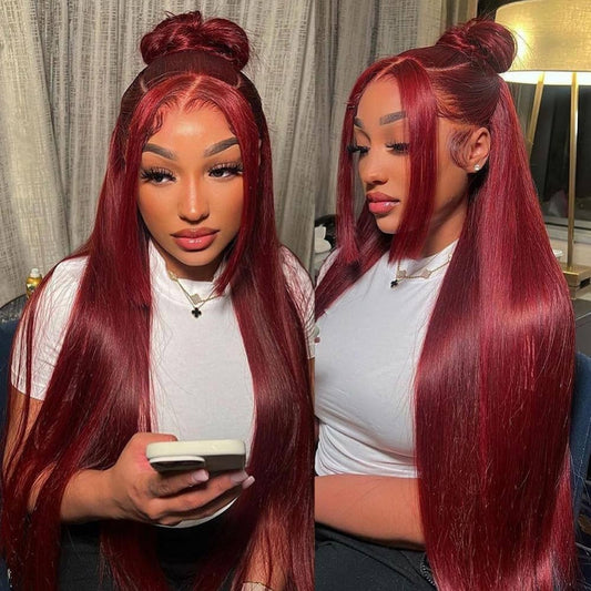 Burgundy 99J & Red Streaks Straight Human Hair Wigs Transparent 13*4 Lace Front Wig Regular price