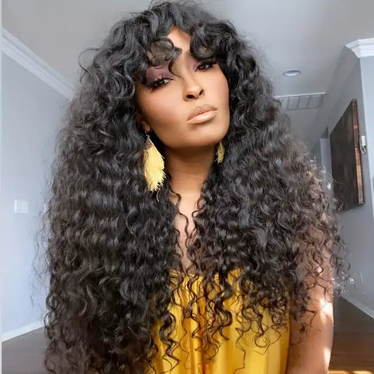 Curly Wave Human Hair Wigs with Bangs Virgin Deep Curly None Lace Front Wigs For Black Women Glueless Machine Made Wigs Natural Black 150% Density