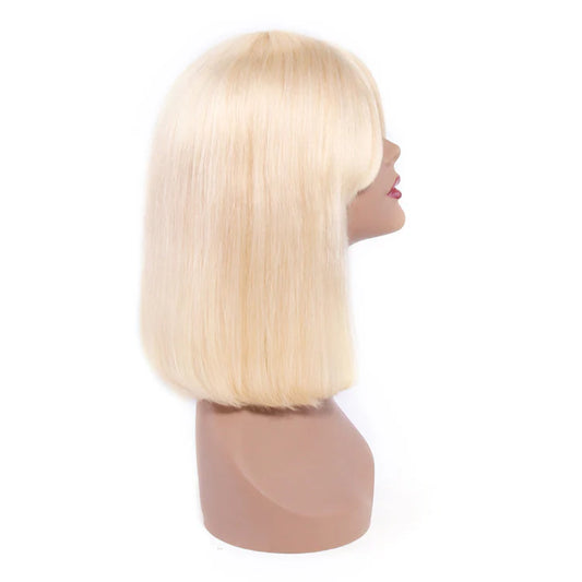 613 Blonde Short Straight Bob Wig With Bangs 100% Human Hair Full Machine Made Glueless Wig