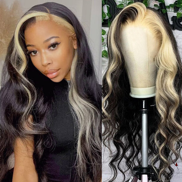 Blonde & Natural Black Skunk Stripe Color Wig 13*4 Lace Front Wig