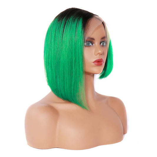 T1b/Green Color Straight Pixie Cut Bob Wig 13x4 Lace Frontal Human Hair Wig