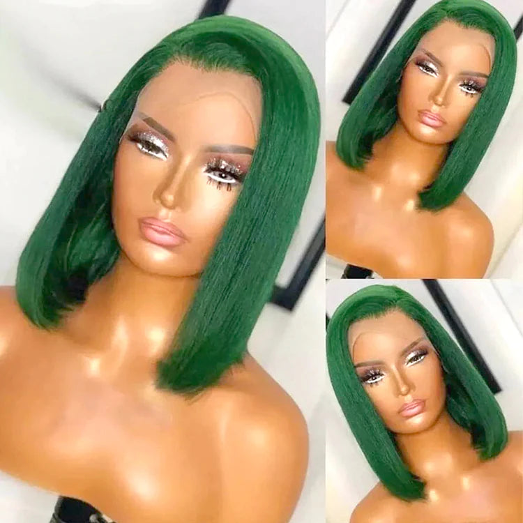 Green Color Silky Straight Human Hair Bob Wig 13x4 Lace Front Bob Wig