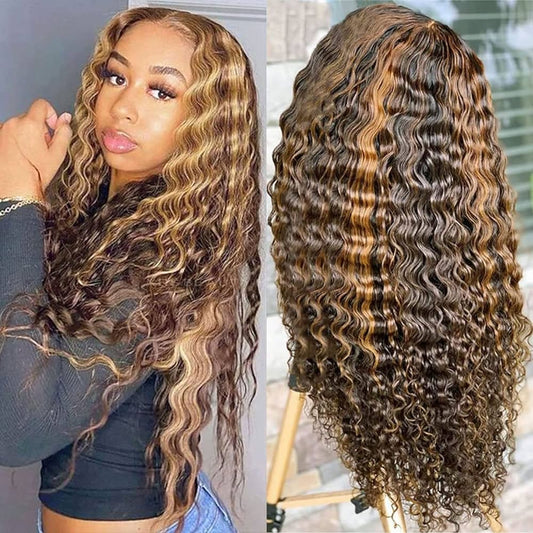 Deep Wave Lace Front Wigs Honey Blonde Highlight P4/27 Human Hair 13x4 Lace 180% Density Ombre Deep Curly Wigs