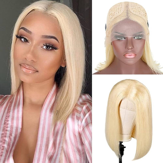 #613 Blonde Silky Straight Bob Wig T-Part Lace Human Hair Wig