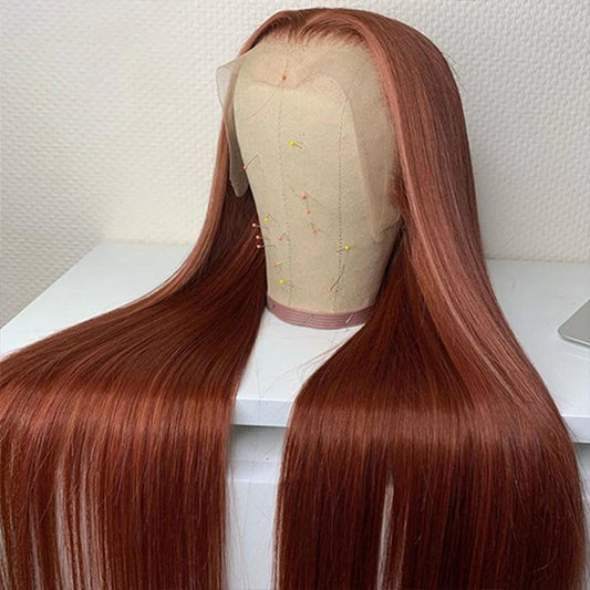 Color #33 Dark Auburn Silky Straight Lace Front Wig Pre-plucked 13x4 Human Hair Wig