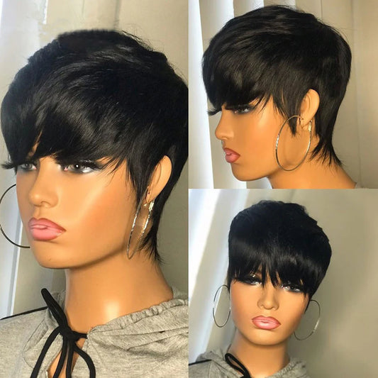 Straight Short Bob Wig With Bangs Non Lace Glueless Full Machine Human Hair Wigs