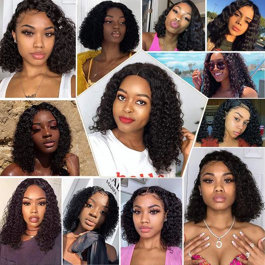 13x1 Lace Front Wig Kinky Curly Bob Wig With 150% Density Natural Black Color Human Hair Short Curly Wigs with Baby Hair