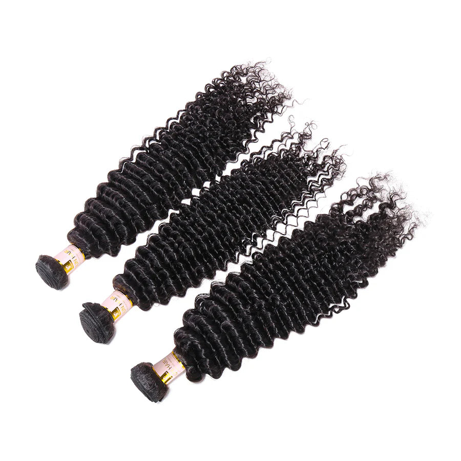 Deep Wave 3 Bundles with 4x4 Closure 100% Peruvian Human Hair Bundles with Closure Unprocessed Deep Curly Virgin Hair Natural Color