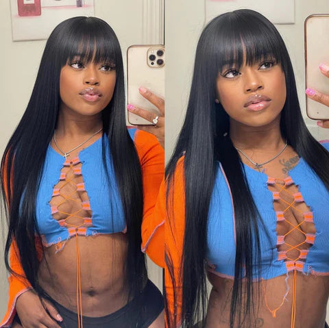 Natural Black Silky Straight Human Hair Wig Machine Made Wig With Bangs