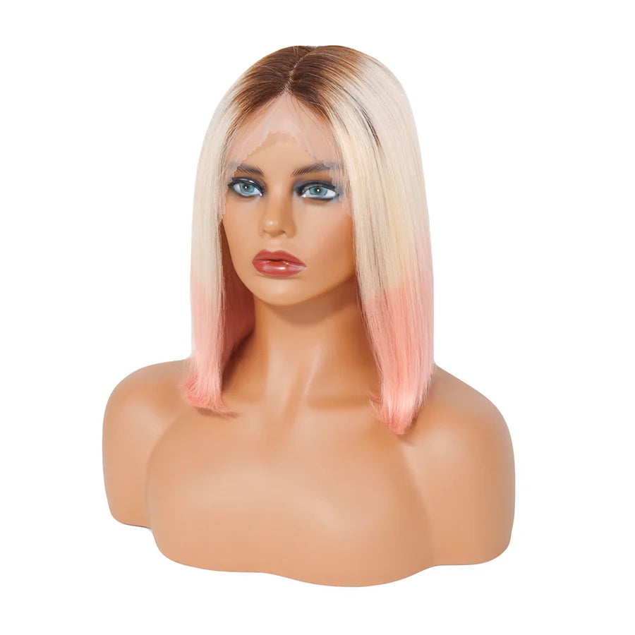 13x4x1 T-Part Lace Front Bob Wig Human Hair Wigs 150% Density Straight T1B/613/Pink Color Short Bob