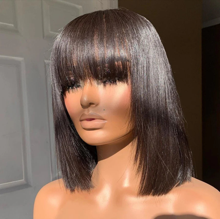 Silky Straight Human Hair No Tangle No Shedding Short Bob Wig With Bangs