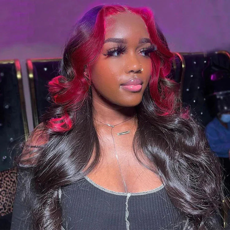 Wine Red Burgundy Color Skunk Stripe Straight Human Hair Lace Front Wigs