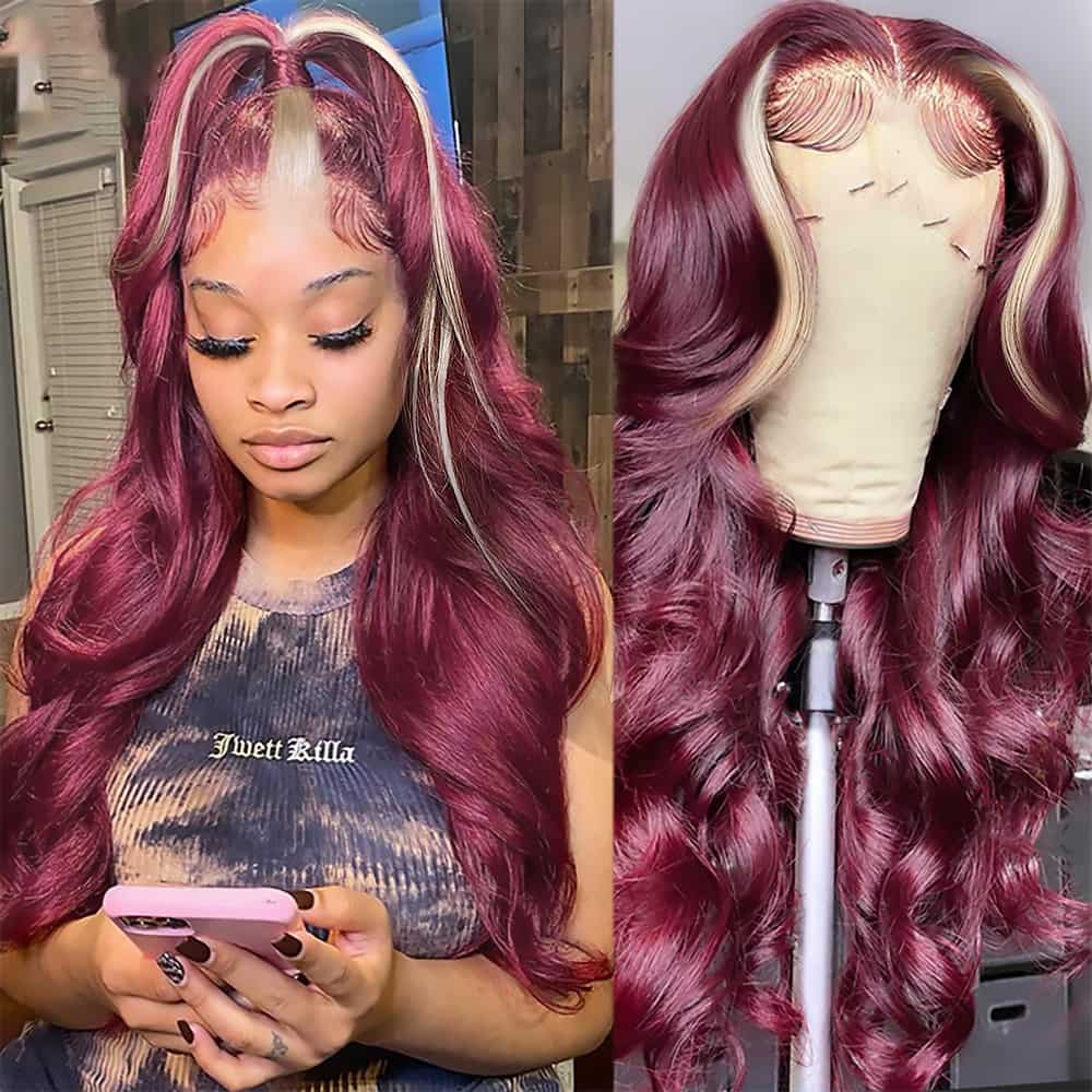 Burgundy Color & Blonde Skunk Stripe Color Wig 13*4 Lace Front Wig