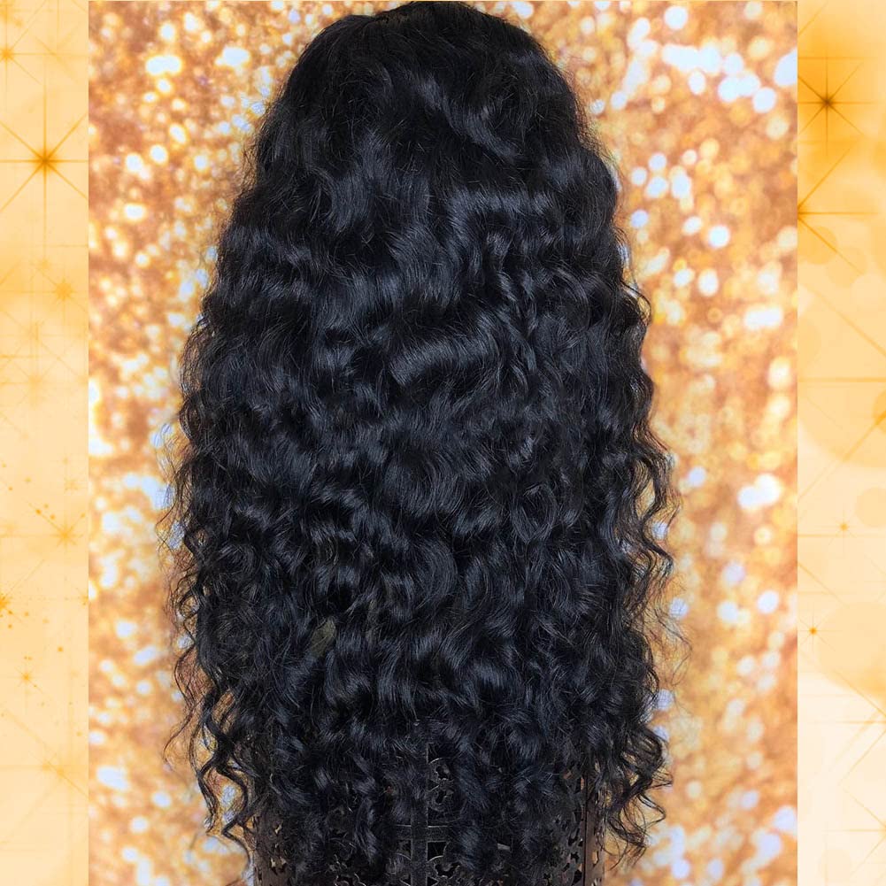 Curly Wave Human Hair Wigs with Bangs Virgin Deep Curly None Lace Front Wigs For Black Women Glueless Machine Made Wigs Natural Black 150% Density