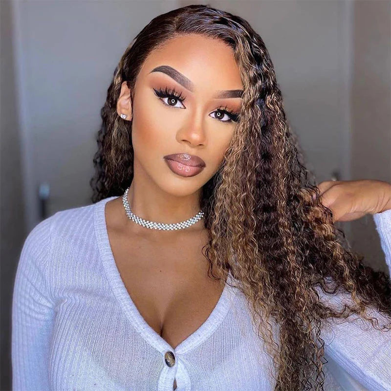 Highlight Color Water Curly Human Hair Lace Front Wig Piano Color Ombre Honey Blonde Human Hair 13x4 Lace Wig