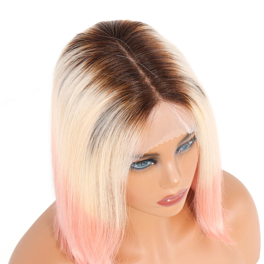 13x4x1 T-Part Lace Front Bob Wig Human Hair Wigs 150% Density Straight T1B/613/Pink Color Short Bob