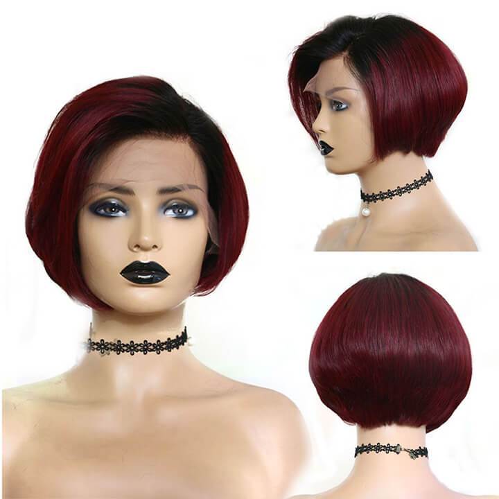 1b#99J Color Ombre Burgundy Human Hair Pixie Cut Lace Front Wig