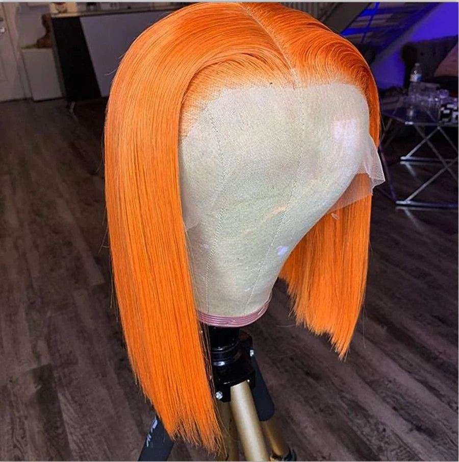 Bleached Knots Orange Color Short Bob Cut Lace Wig Pre Plucked Hairline Full End High Density Brazilian Straight Wigs