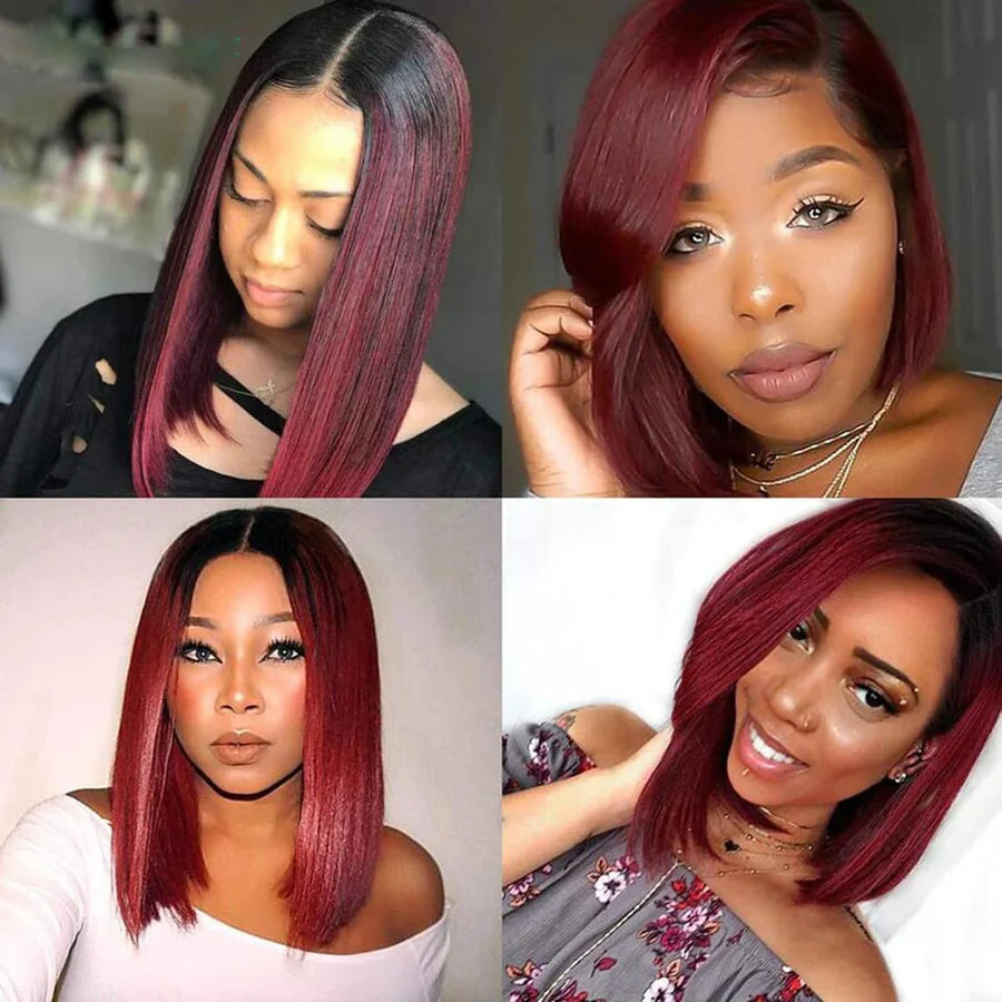 Red Wine Omber Burgundy Color Human Hair Short Bob Wig Pre-Plucked Hairline Bleached Knots 13x4 Lace Front Wig