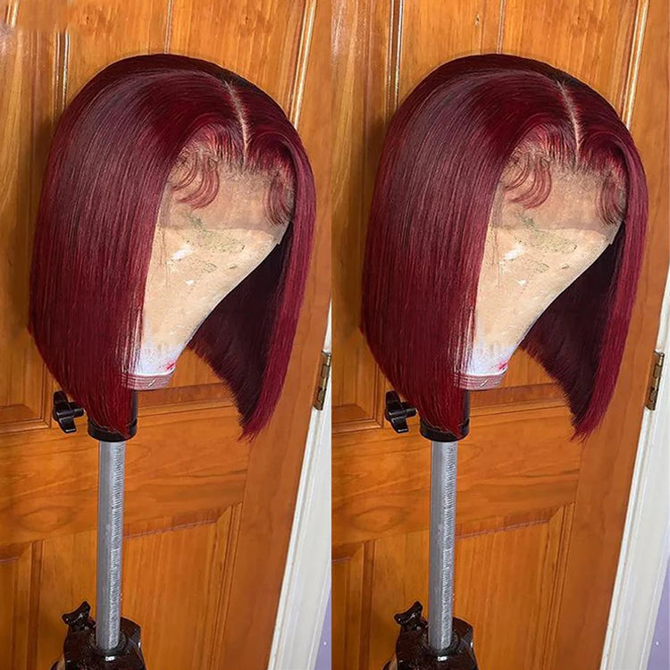 Burgundy Color Straight Human Hair Wig Pre-Plucked Hairline 99J 4x4 Lace Closure Bob Wig