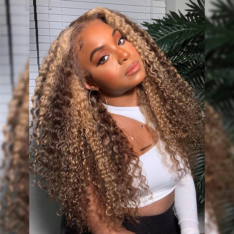 Highlight Color Water Curly Human Hair Lace Front Wig Piano Color Ombre Honey Blonde Human Hair 13x4 Lace Wig