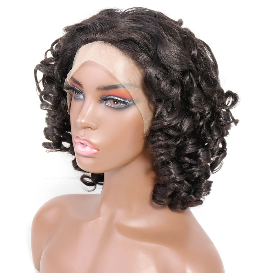 Bouncy Curly Human Hair Wigs 13x1 Lace Frontal Wig Short Curly Natural Black Wigs For Women