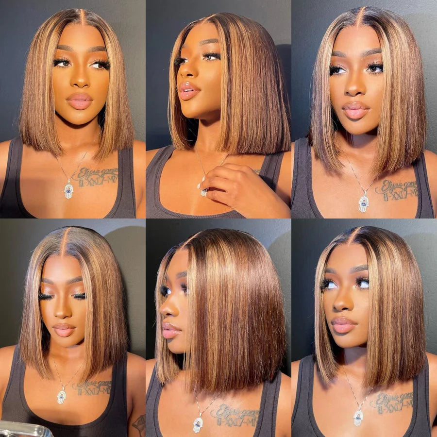 Highlight Color Straight Human Hair Bob Wig P4/27 13x4 Lace Front Wig