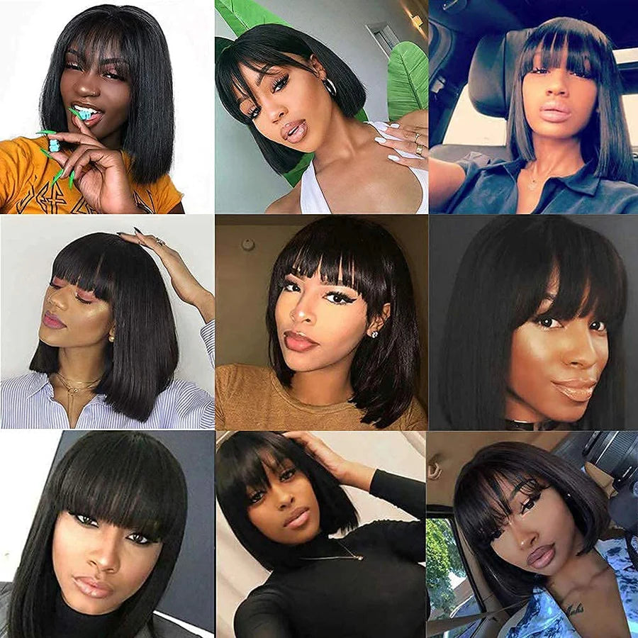 Silky Straight Human Hair No Tangle No Shedding Short Bob Wig With Bangs