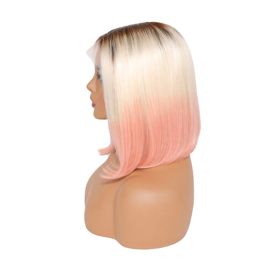 13x4x1 T-Part Lace Front Bob Wig Human Hair Wigs 150% Density Straight T1B/613/Pink Color Short Bob